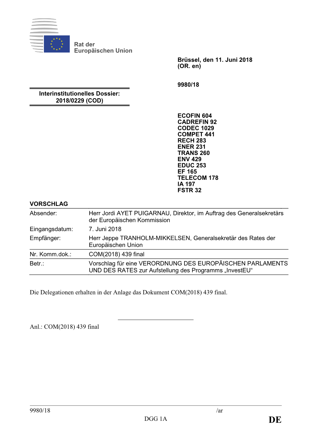 9980/18 /Ar DGG 1A Die Delegationen Erhalten in Der Anlage Das