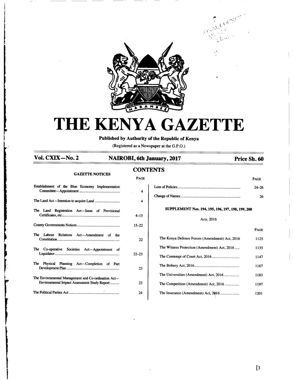 THE KENYA GAZETTE Published by Authority of the Republic of Kenya (Registered As a Newspaper at the G.P.O.)