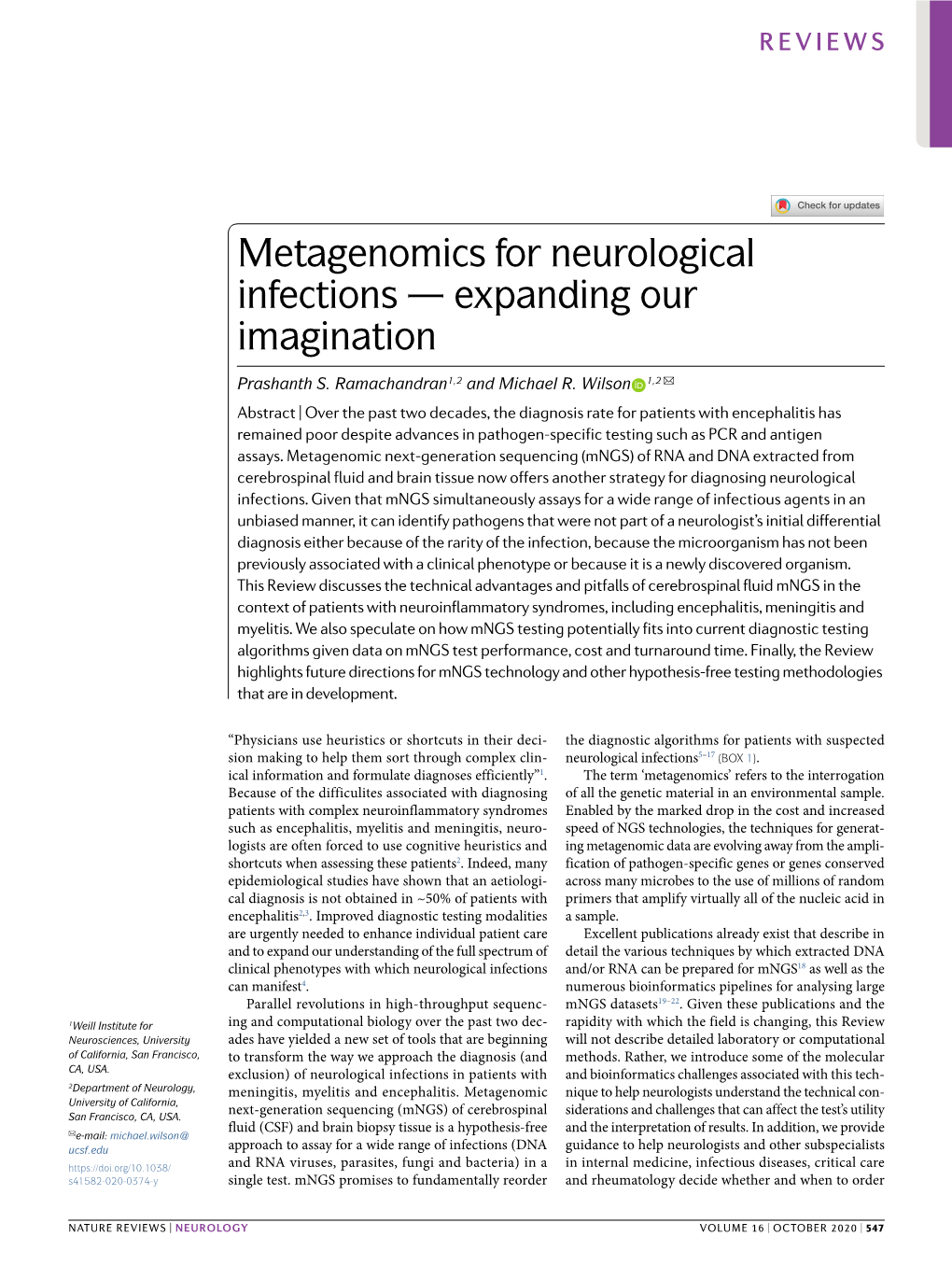 Metagenomics for Neurological Infections — Expanding Our Imagination