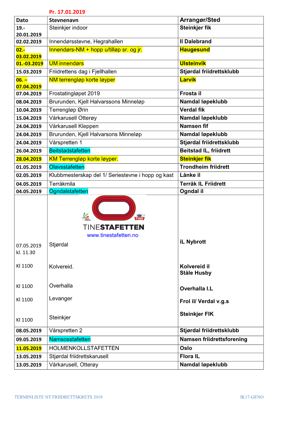 Terminliste Nt Friidrettskrets 2019 Ik17-Geno