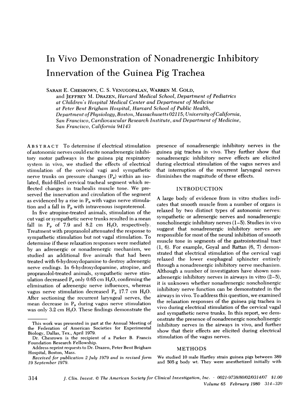 In Vivo Demonstration of Nonadrenergic Inhibitory Innervation of the Guinea Pig Trachea