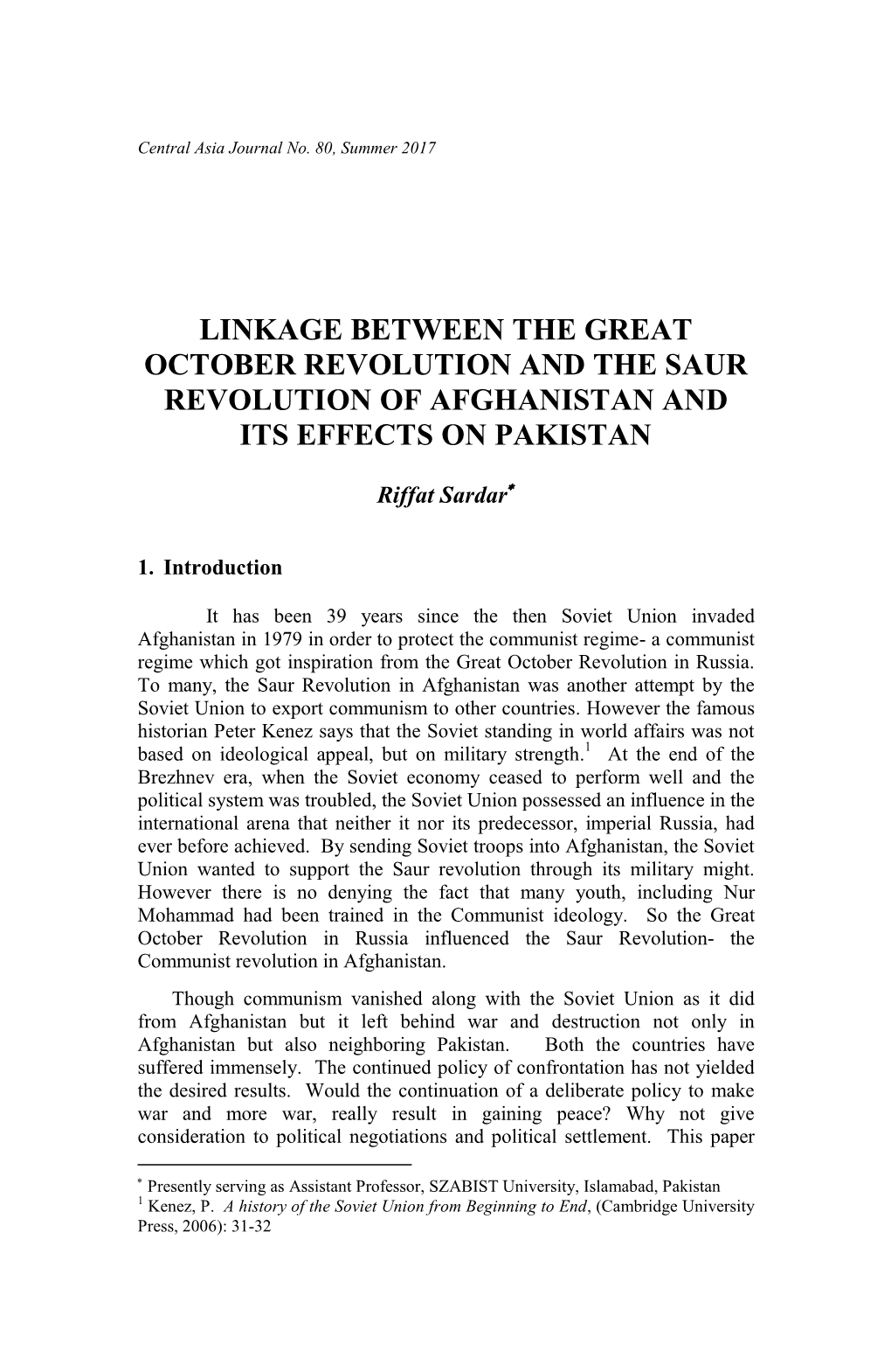 Linkage Between the Great October Revolution and the Saur Revolution of Afghanistan and Its Effects on Pakistan