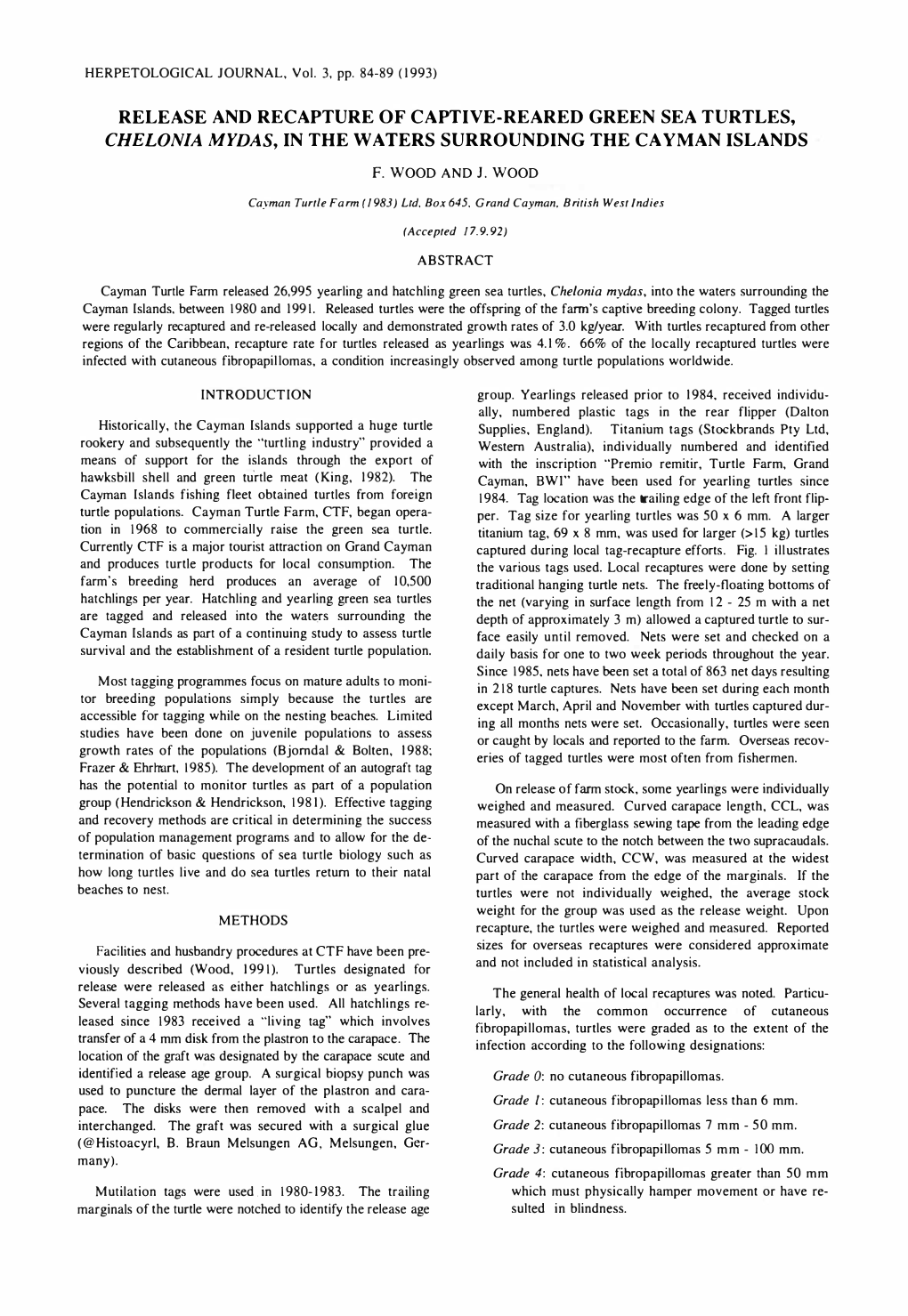 Release and Recapture of Captive-Reared Green Sea Turtles, Chelonia Mydas, in Thew Aters Surrounding the Cayman Islands