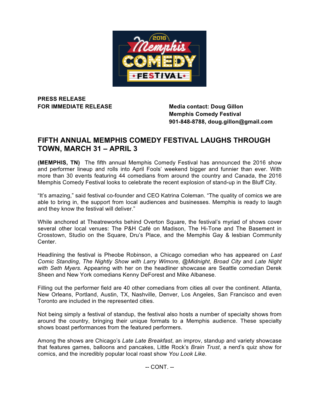 Fifth Annual Memphis Comedy Festival Laughs Through Town, March 31 – April 3
