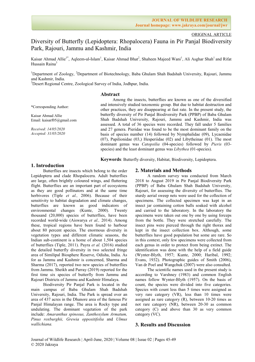 Diversity of Butterfly (Lepidoptera: Rhopalocera) Fauna in Pir Panjal Biodiversity Park, Rajouri, Jammu and Kashmir, India