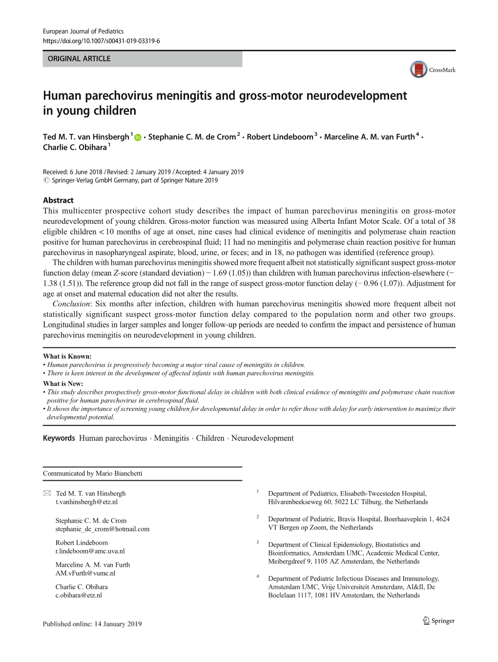 Human Parechovirus Meningitis and Gross-Motor Neurodevelopment in Young Children