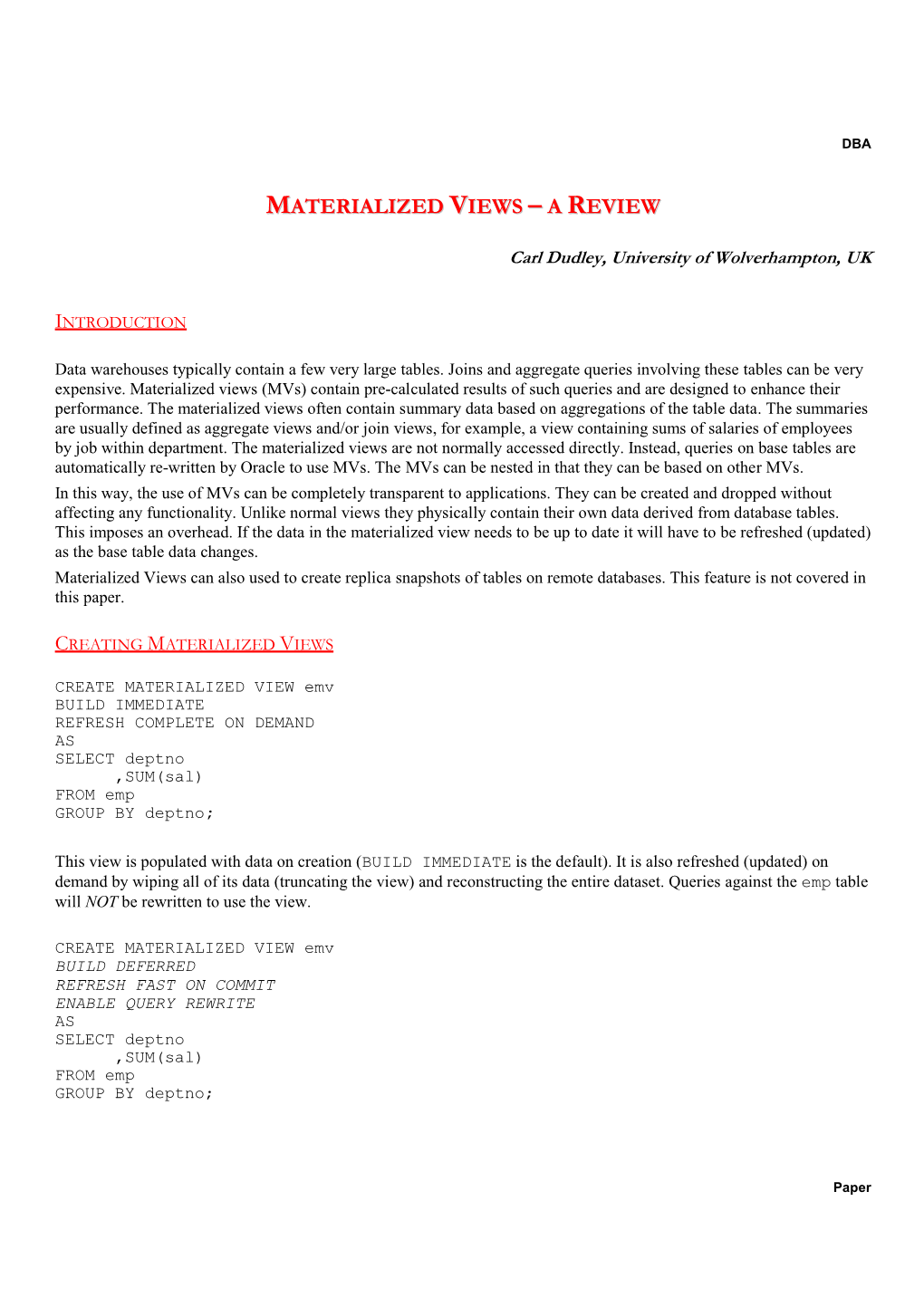 Materialized Views – a Review