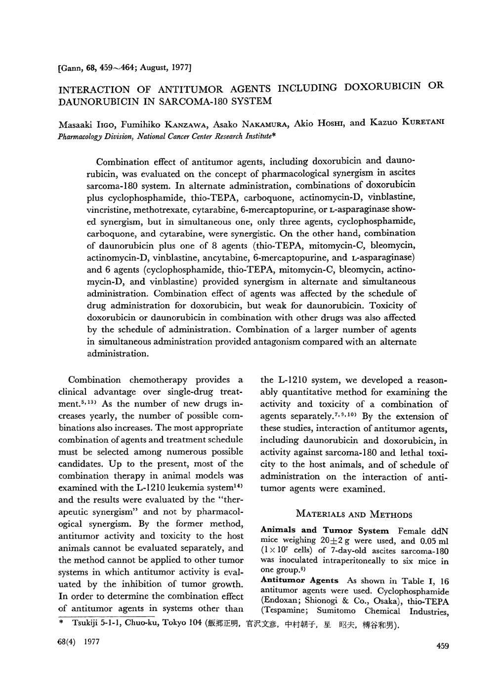 Combination Effect of Antitumor Agents, Including Doxorubicin