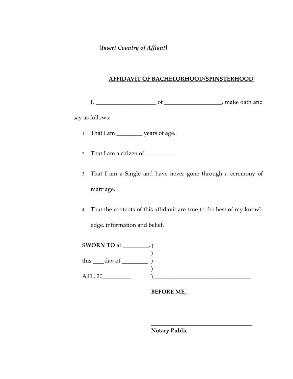 Affidavit of Bachelorhood/Spinsterhood