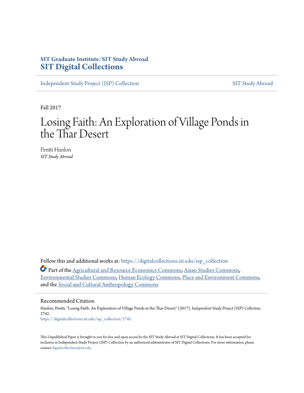 Losing Faith: an Exploration of Village Ponds in the Thar Desert Pentti Hanlon SIT Study Abroad
