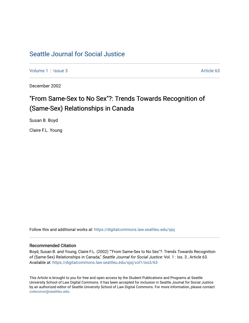 Trends Towards Recognition of (Same-Sex) Relationships in Canada