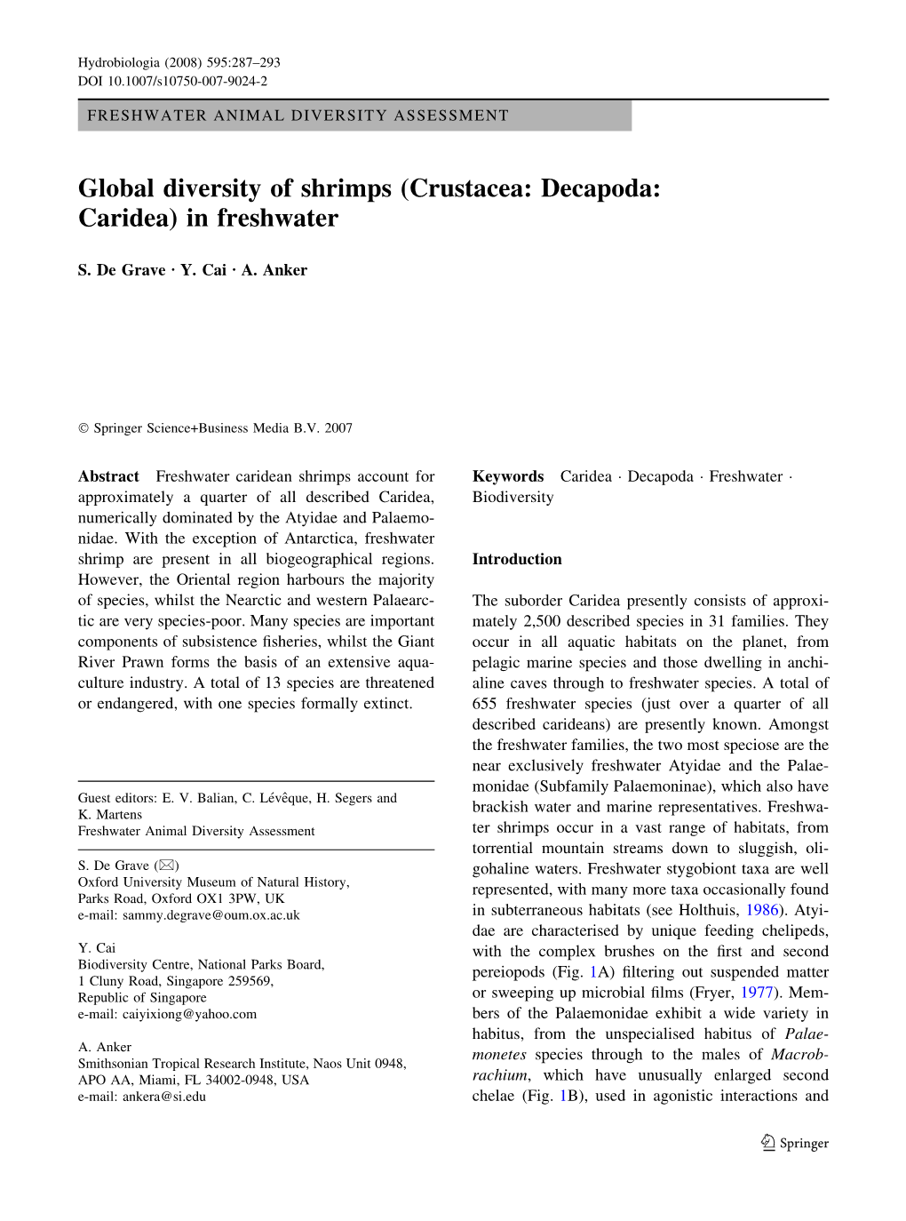 Global Diversity of Shrimps (Crustacea: Decapoda: Caridea) in Freshwater