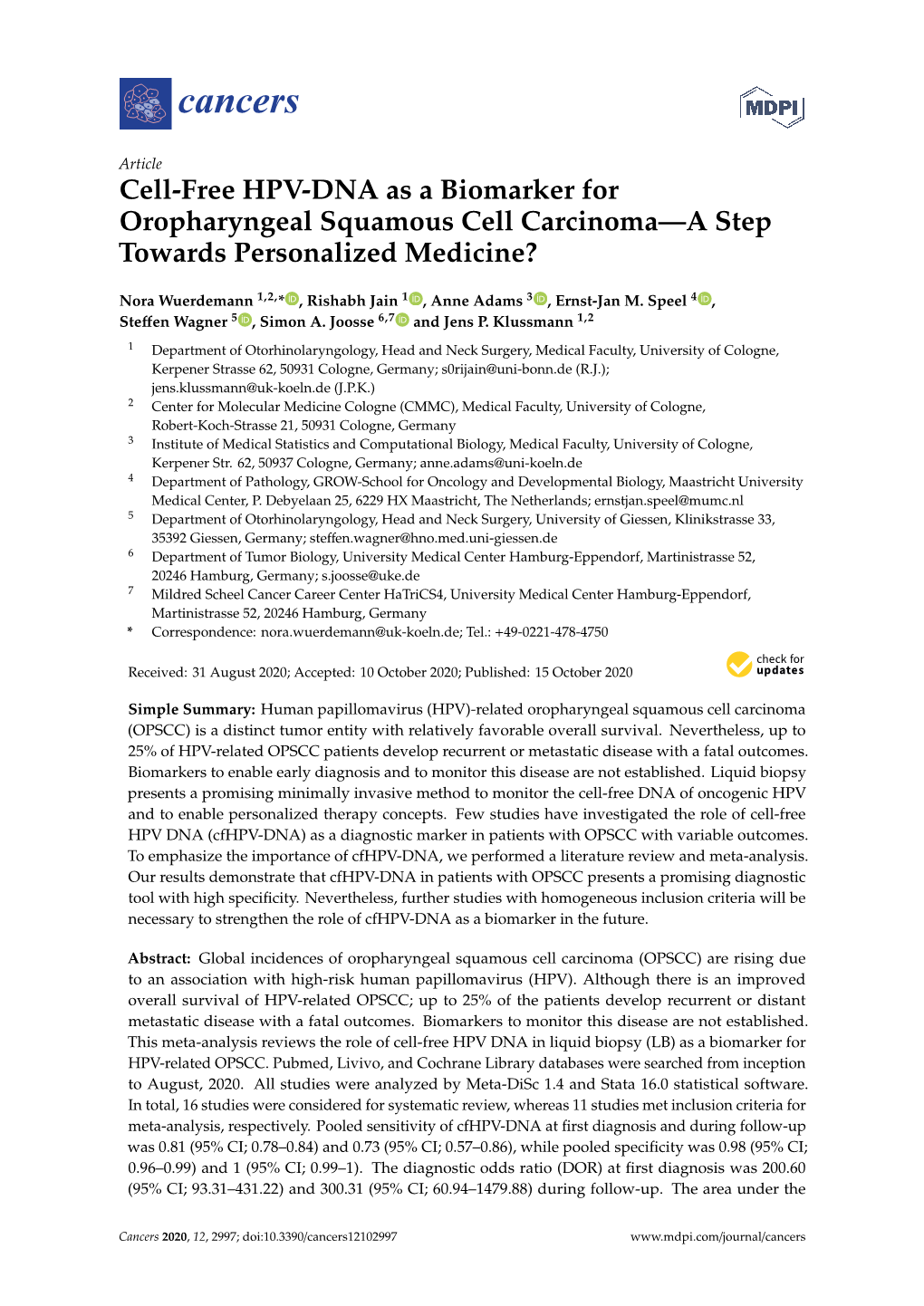 Cell-Free HPV-DNA As a Biomarker for Oropharyngeal Squamous Cell Carcinoma—A Step Towards Personalized Medicine?