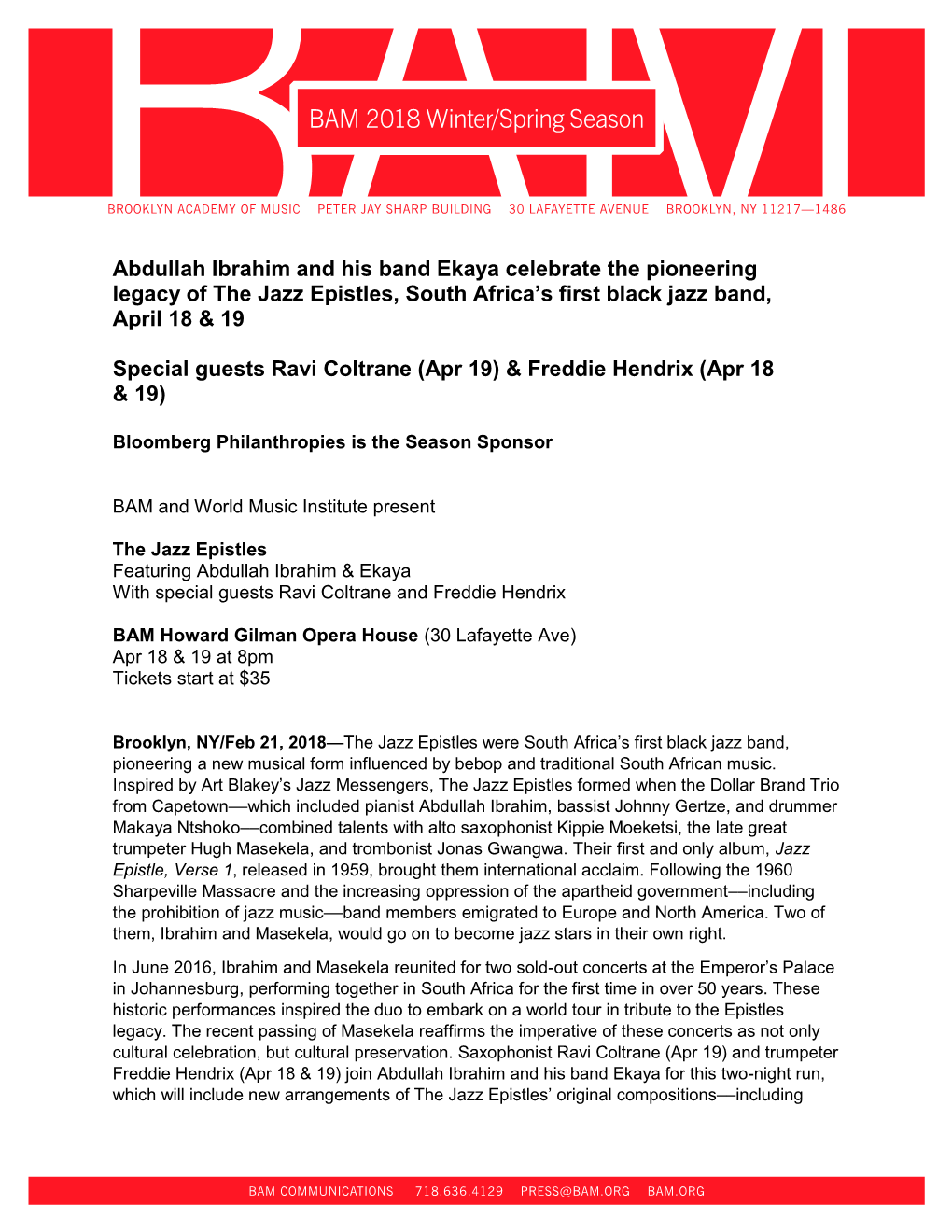 Abdullah Ibrahim and His Band Ekaya Celebrate the Pioneering Legacy of the Jazz Epistles, South Africa’S First Black Jazz Band, April 18 & 19