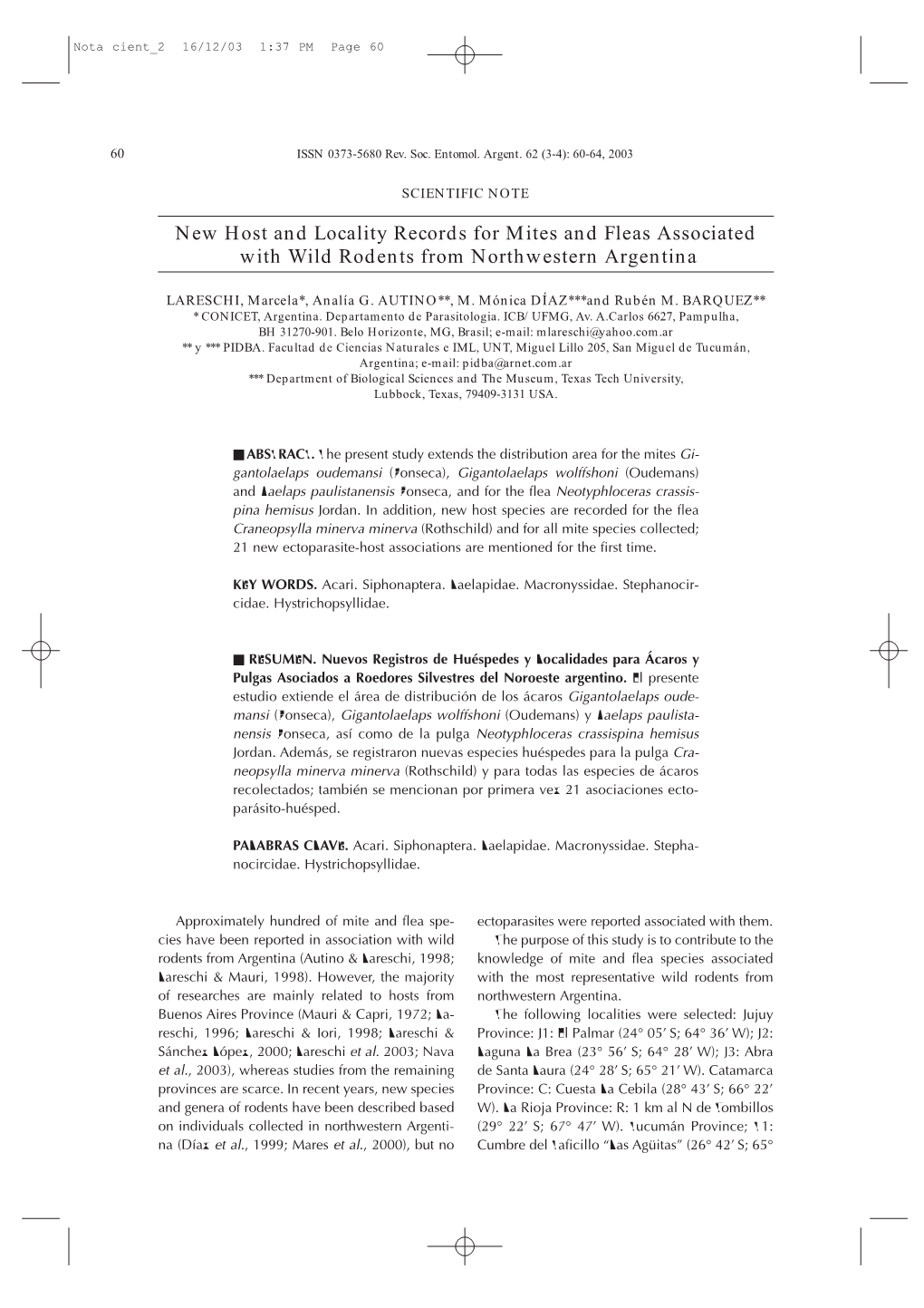 New Host and Locality Records for Mites and Fleas Associated with Wild Rodents from Northwestern Argentina