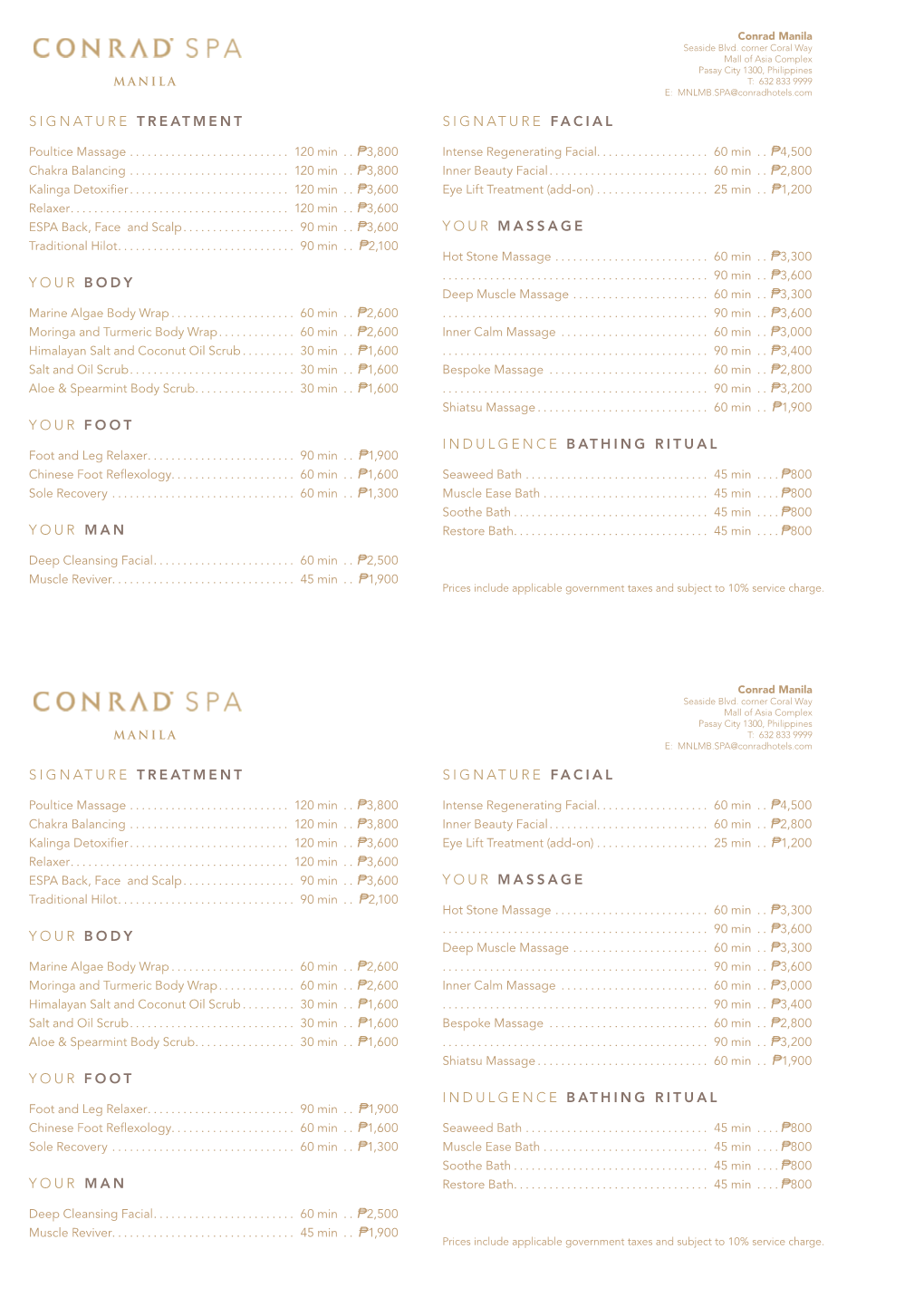 Spa Price List