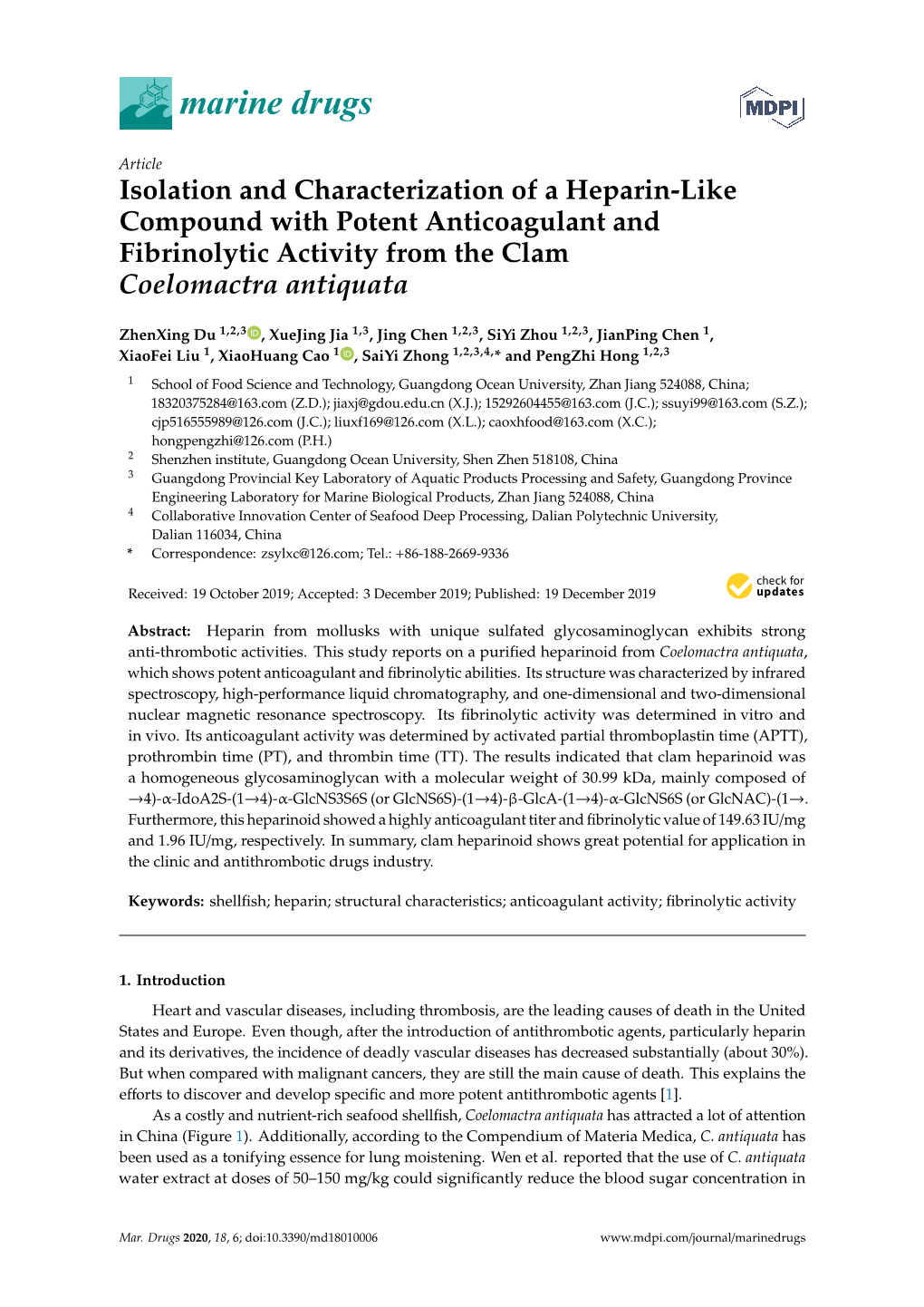 Isolation and Characterization of a Heparin-Like Compound with Potent Anticoagulant and Fibrinolytic Activity from the Clam Coelomactra Antiquata