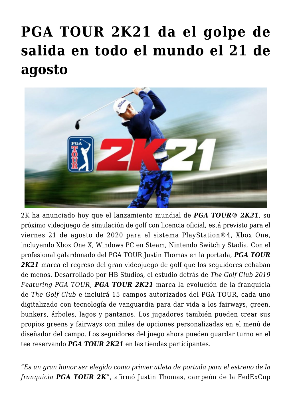 PGA TOUR 2K21 Da El Golpe De Salida En Todo El Mundo El 21 De Agosto