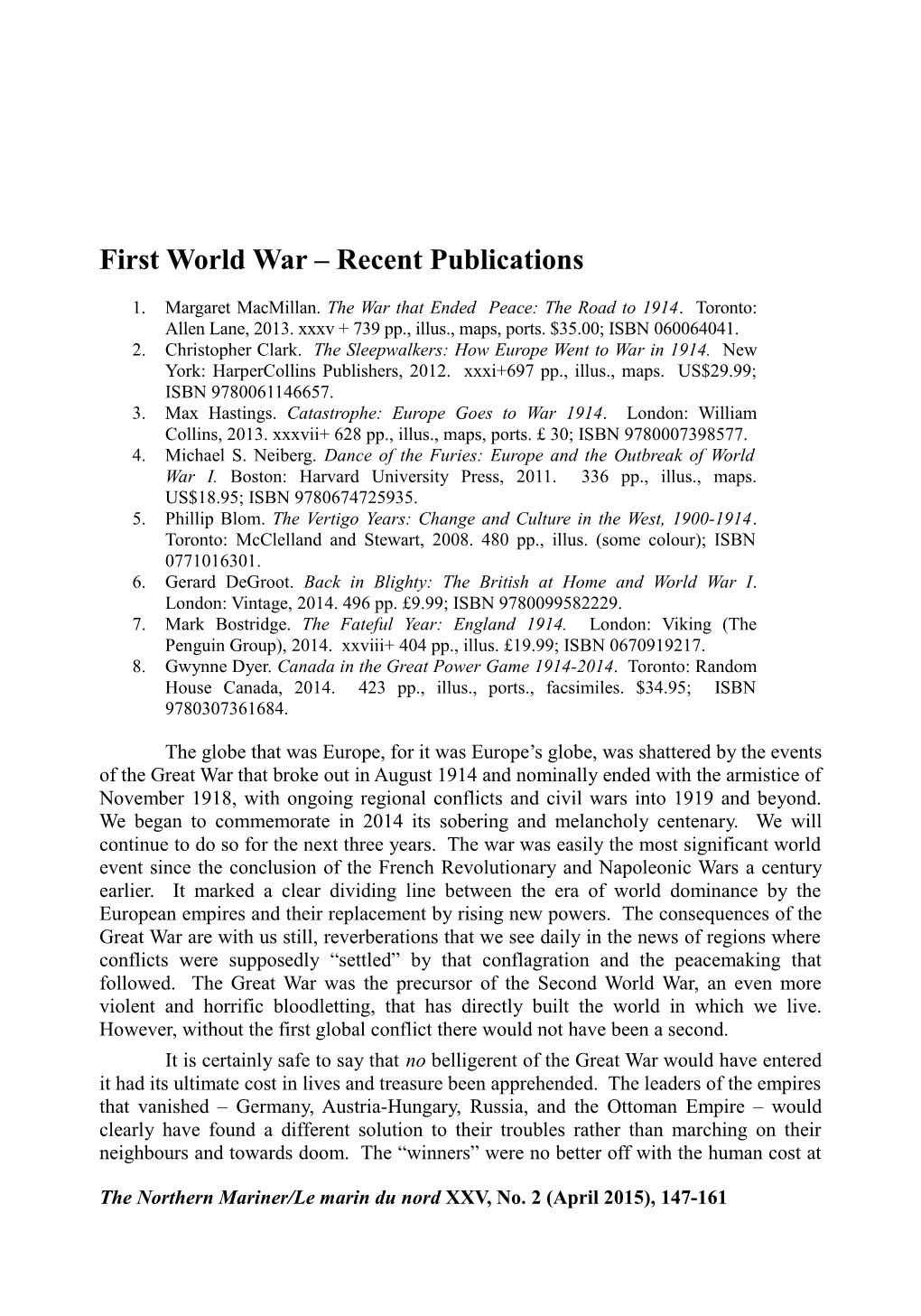 First World War – Recent Publications