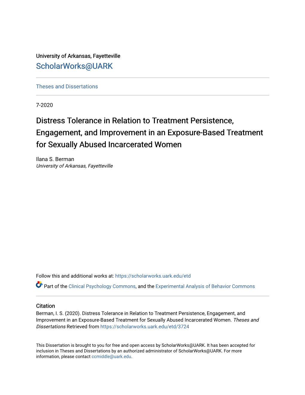 Distress Tolerance in Relation to Treatment Persistence, Engagement, and Improvement in an Exposure-Based Treatment for Sexually Abused Incarcerated Women