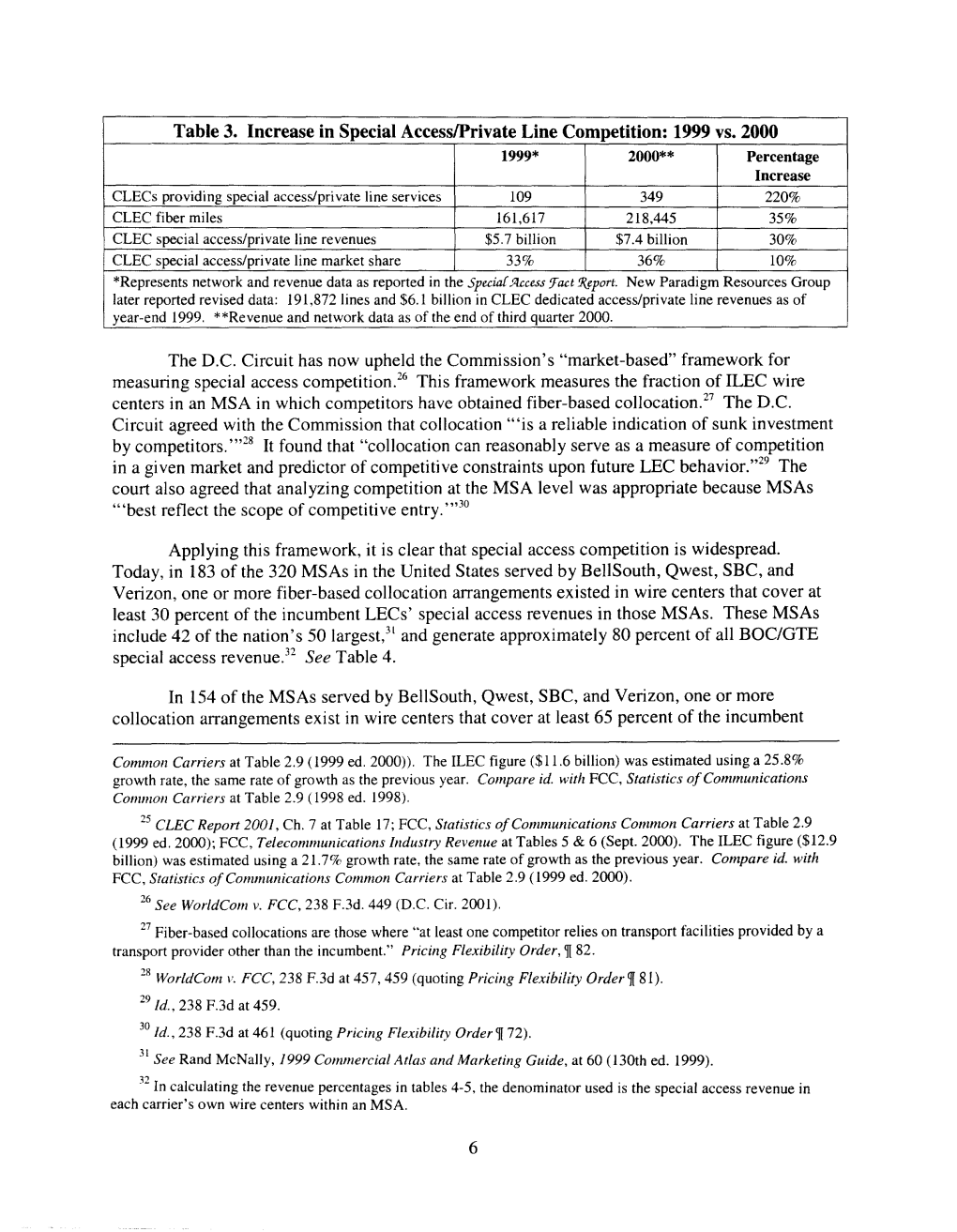 Table 3. Increase in Special Accesslprivate Line Competition: 1999 Vs