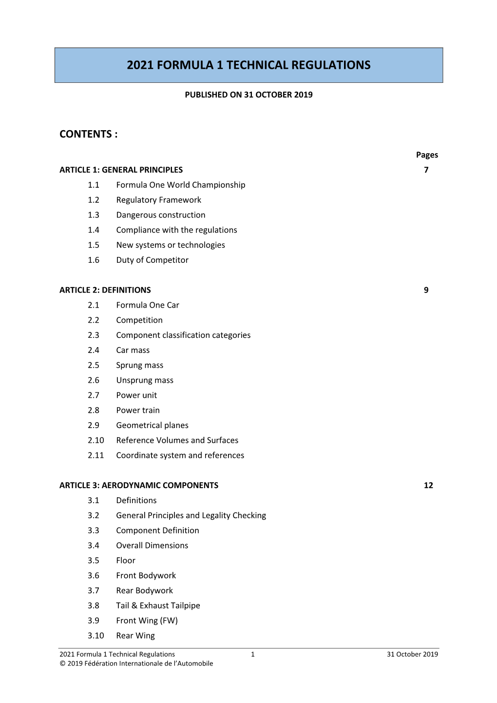 2021 Formula 1 Technical Regulations