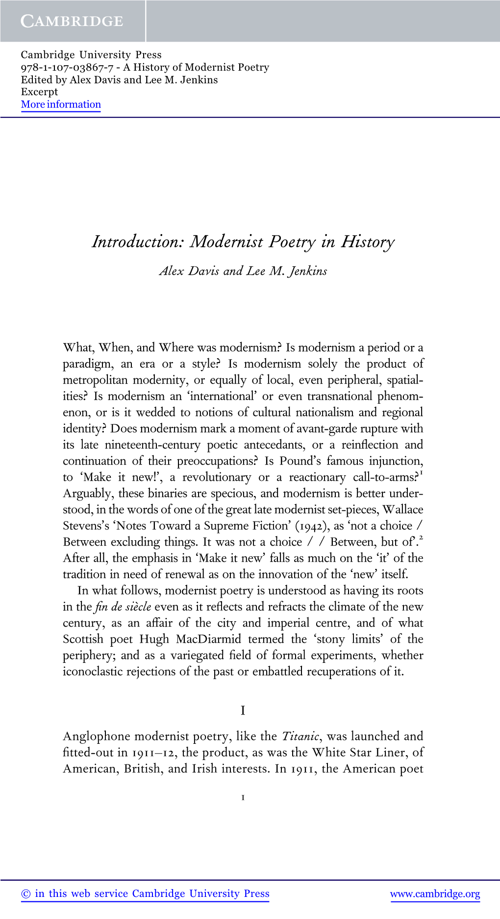 Introduction: Modernist Poetry in History Alex Davis and Lee M