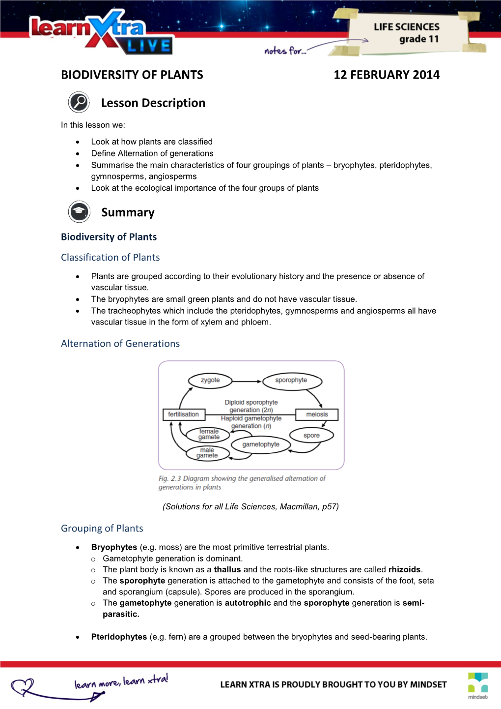 BIODIVERSITY of PLANTS 12 FEBRUARY 2014 Lesson Description Summary