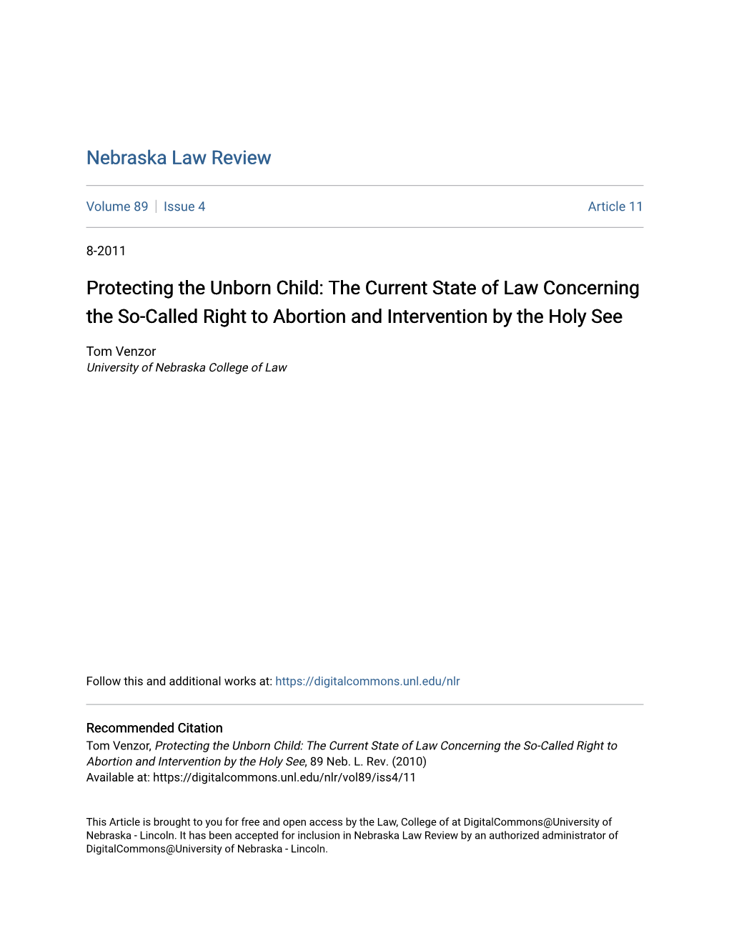 Protecting the Unborn Child: the Current State of Law Concerning the So-Called Right to Abortion and Intervention by the Holy See