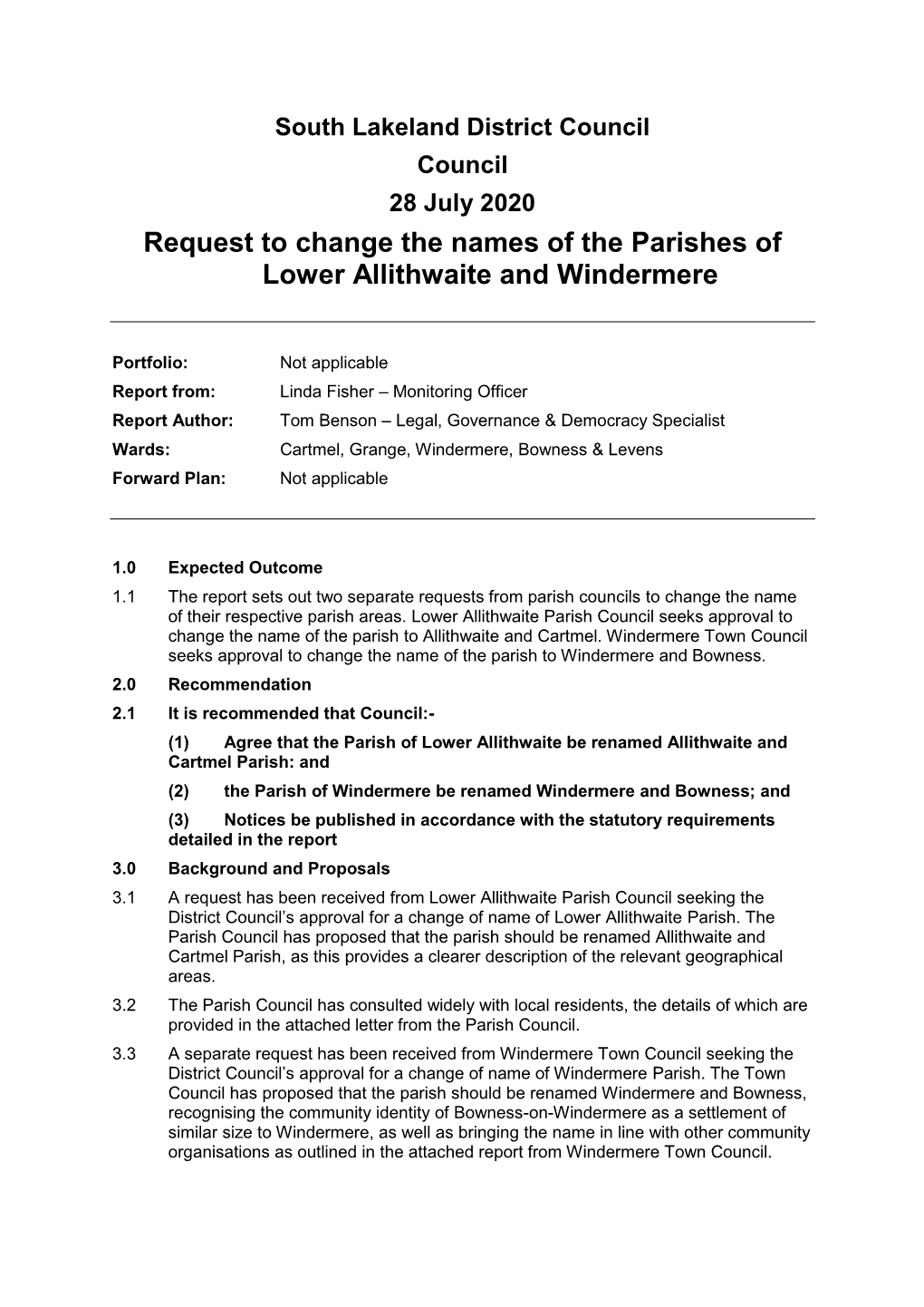 Request to Change the Names of the Parishes of Lower Allithwaite and Windermere