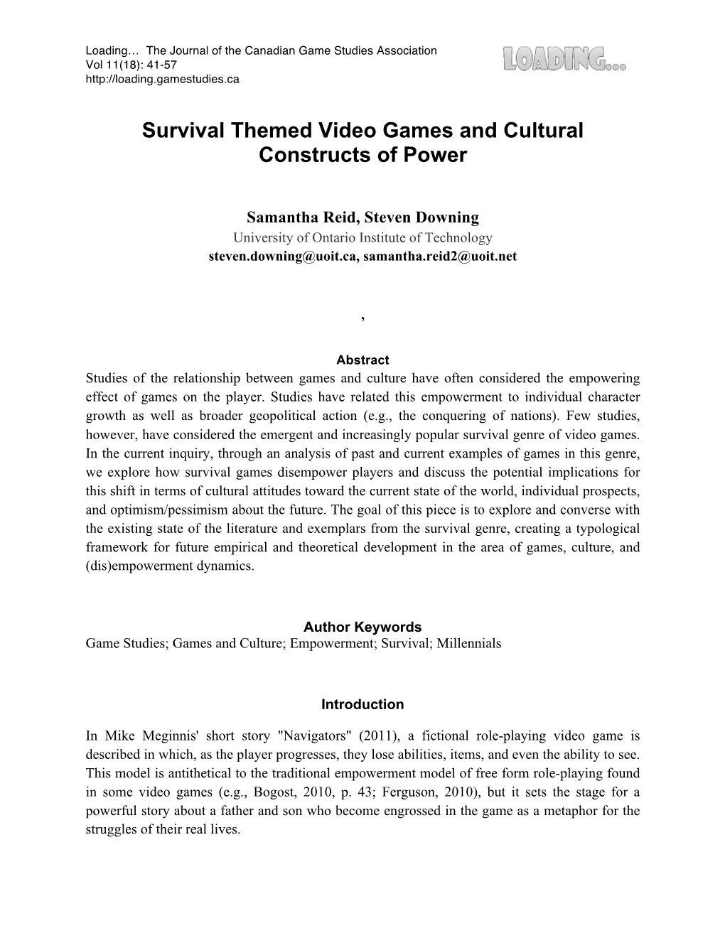 Survival Themed Video Games and Cultural Constructs of Power