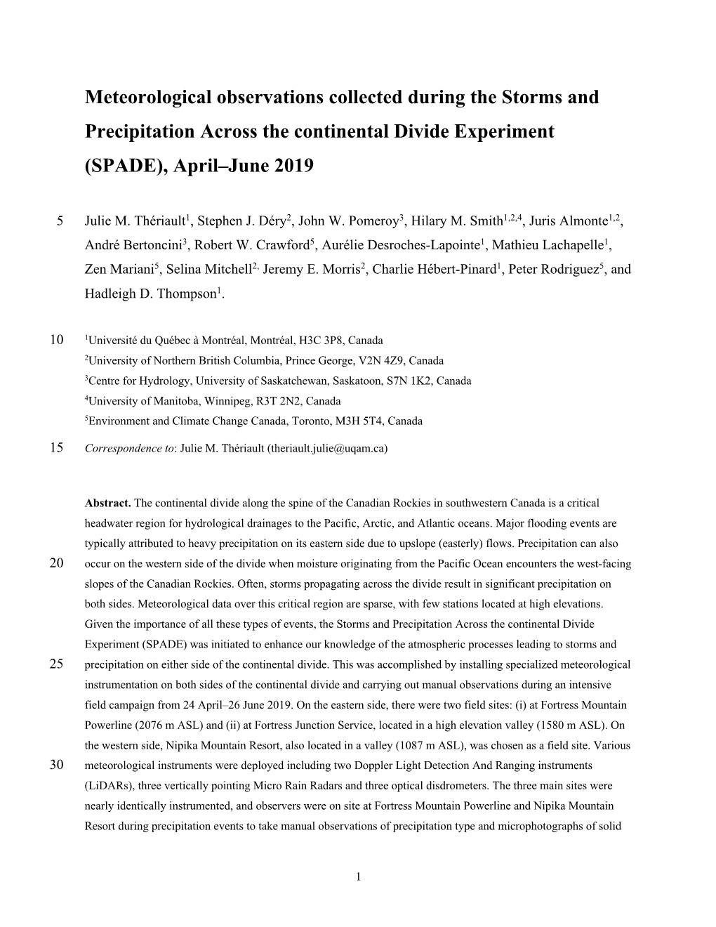 Meteorological Observations Collected During the Storms and Precipitation Across the Continental Divide Experiment (SPADE), April–June 2019