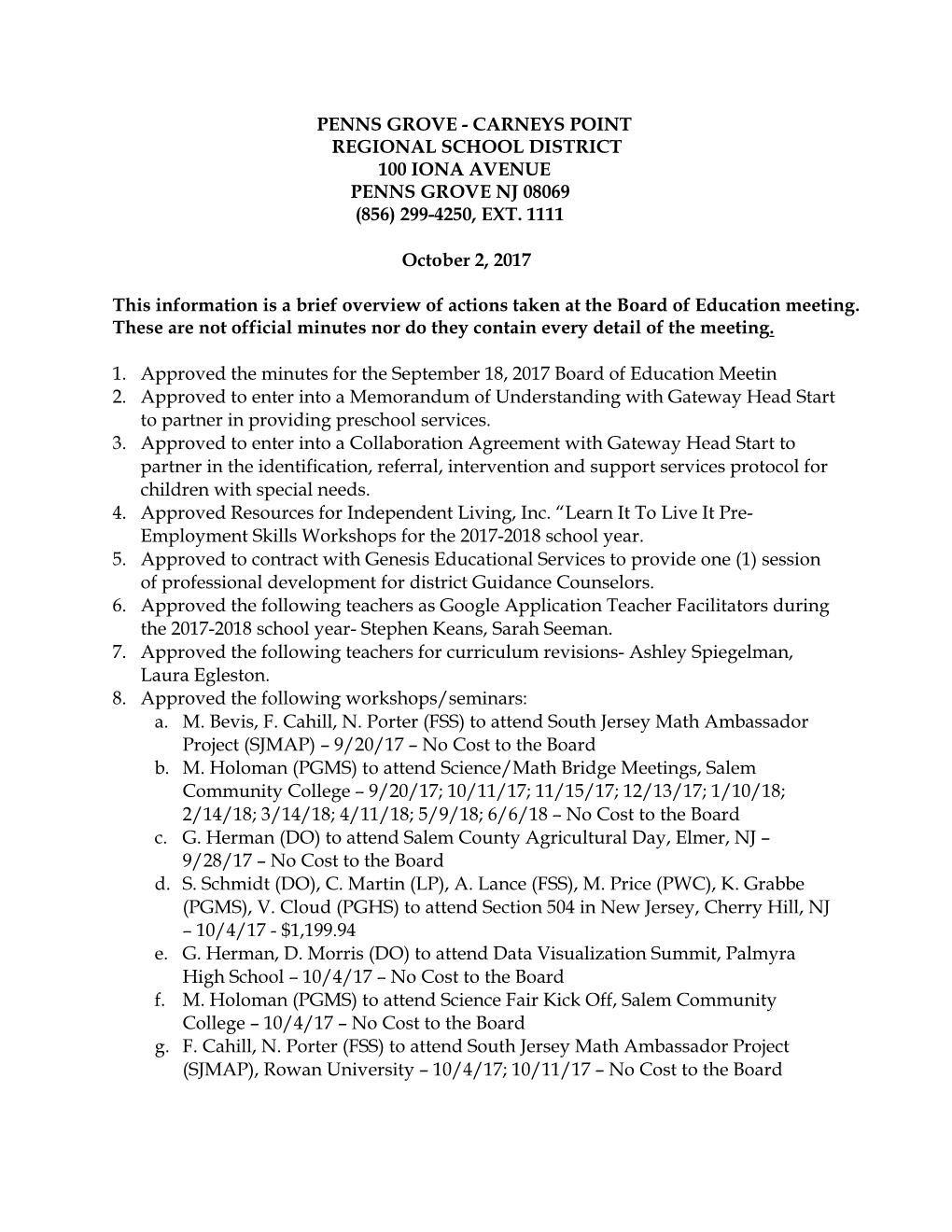 Penns Grove - Carneys Point Regional School District 100 Iona Avenue Penns Grove Nj 08069 (856) 299-4250, Ext