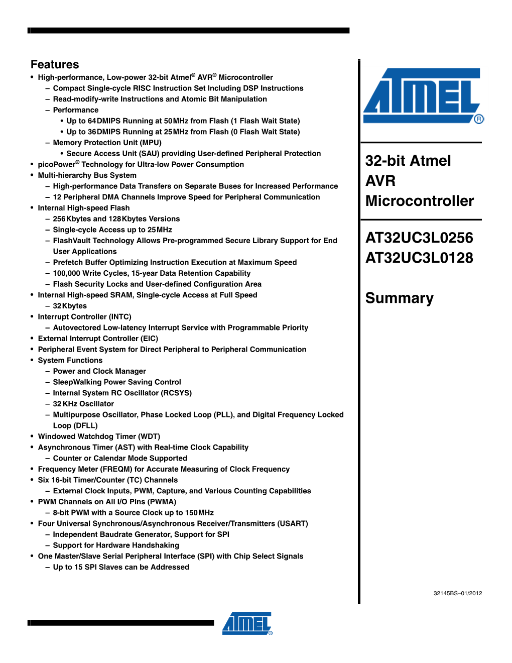 32-Bit Atmel AVR Microcontroller AT32UC3L0256 AT32UC3L0128