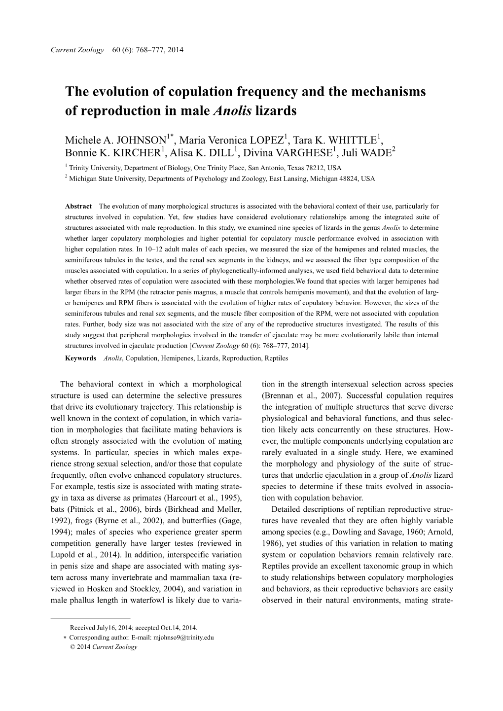 The Evolution of Copulation Frequency and the Mechanisms of Reproduction in Male Anolis Lizards