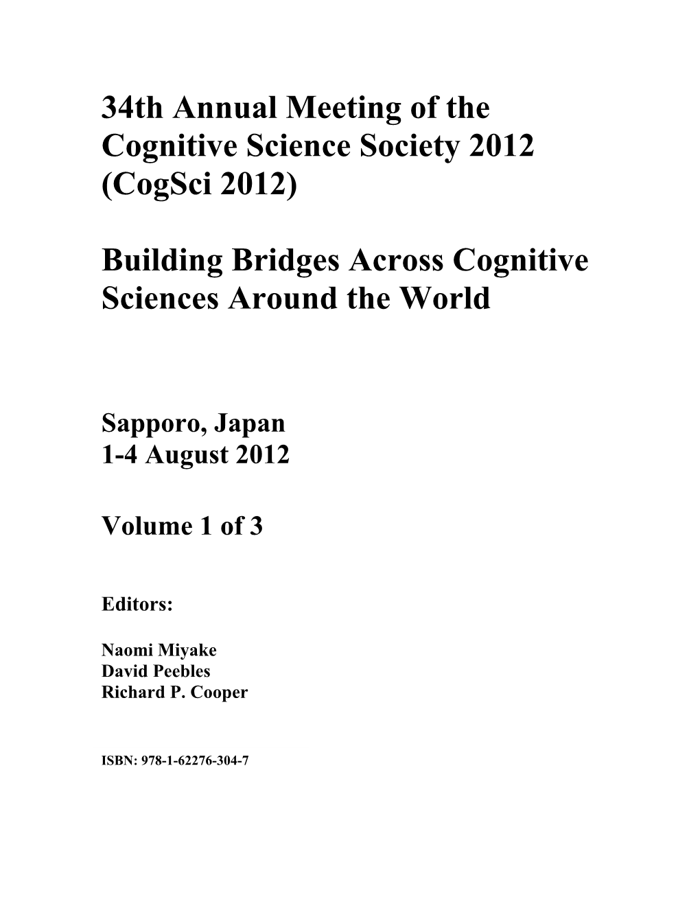 34Th Annual Meeting of the Cognitive Science Society 2012 (Cogsci 2012)