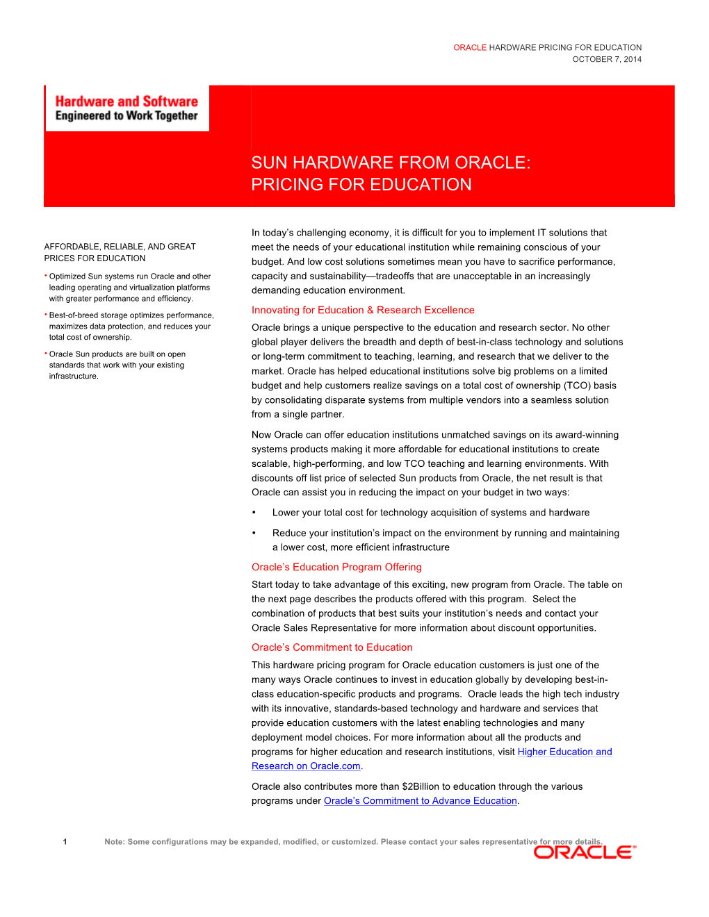 Oracle Hardware Pricing for Education October 7, 2014