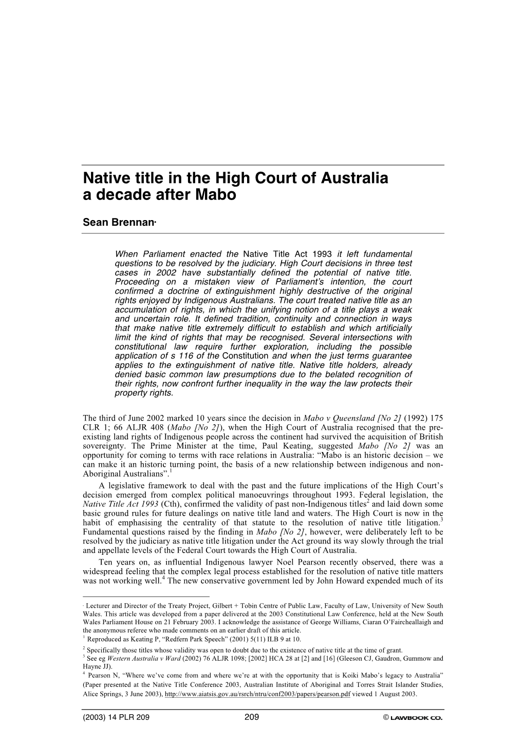 Native Title in the High Court of Australia a Decade After Mabo