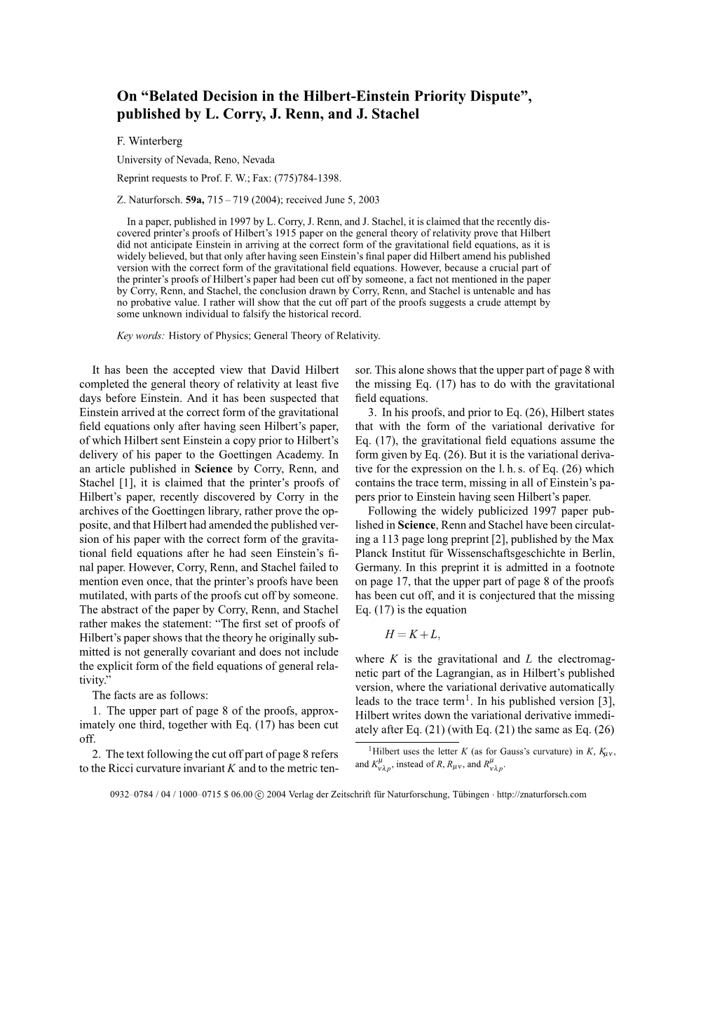 Belated Decision in the Hilbert-Einstein Priority Dispute”, Published by L