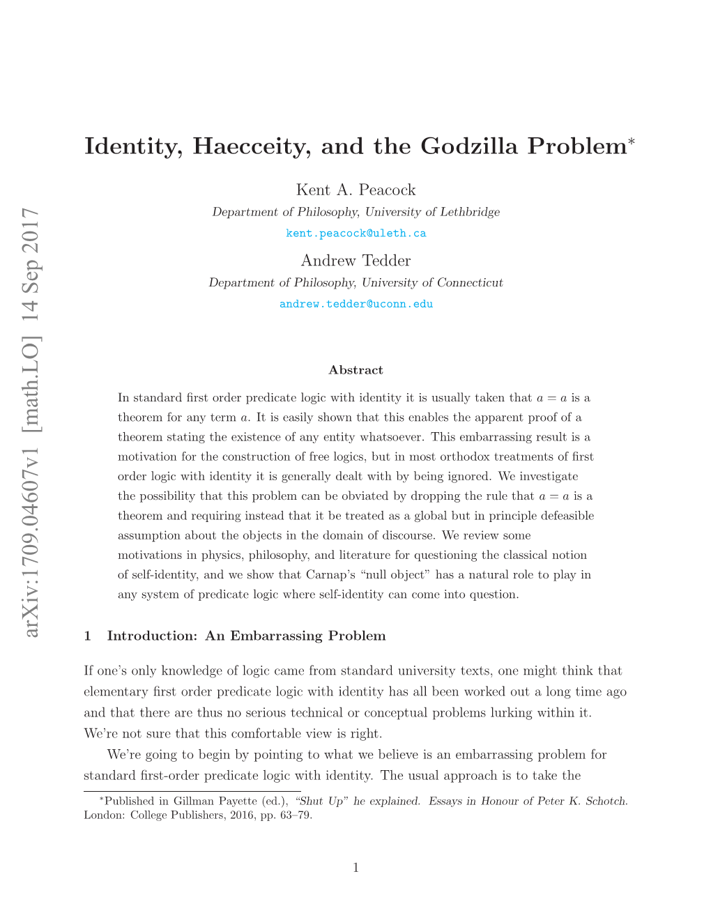 14 Sep 2017 Identity, Haecceity, and the Godzilla Problem