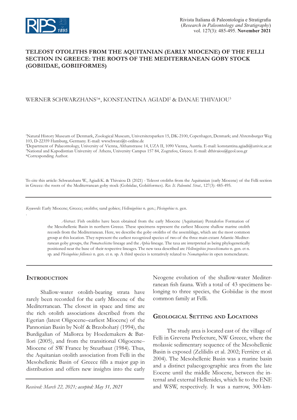 Early Miocene) of the Felli Section in Greece: the Roots of the Mediterranean Goby Stock (Gobiidae, Gobiiformes)