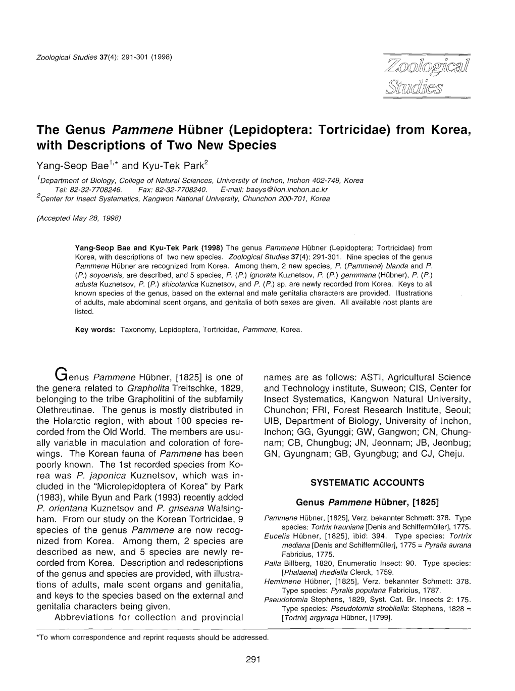 The Genus Pammene Hubner (Lepidoptera: Tortricidae) from Korea, with Descriptions of Two New Species