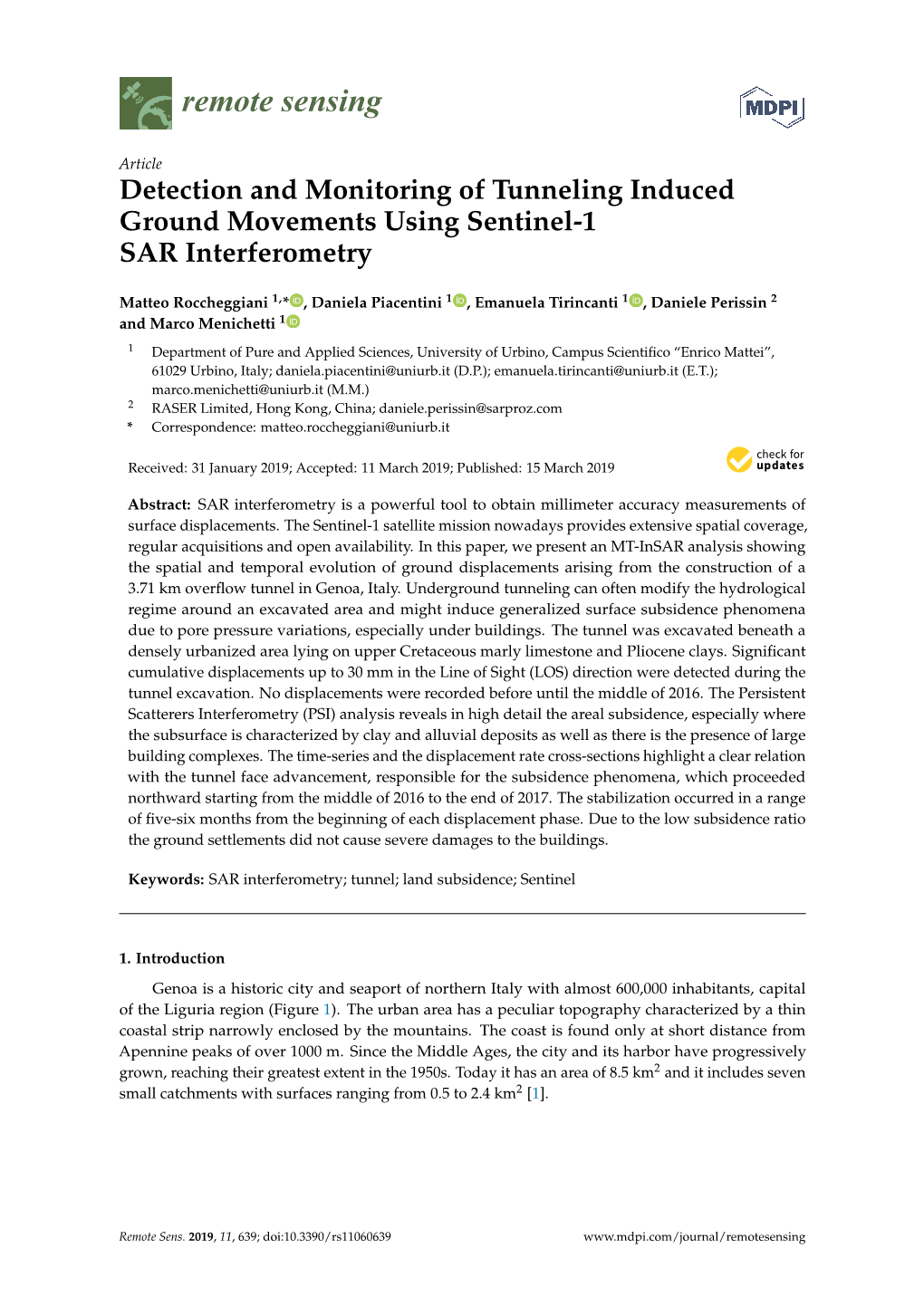 Detection and Monitoring of Tunneling Induced Ground Movements Using Sentinel-1 SAR Interferometry