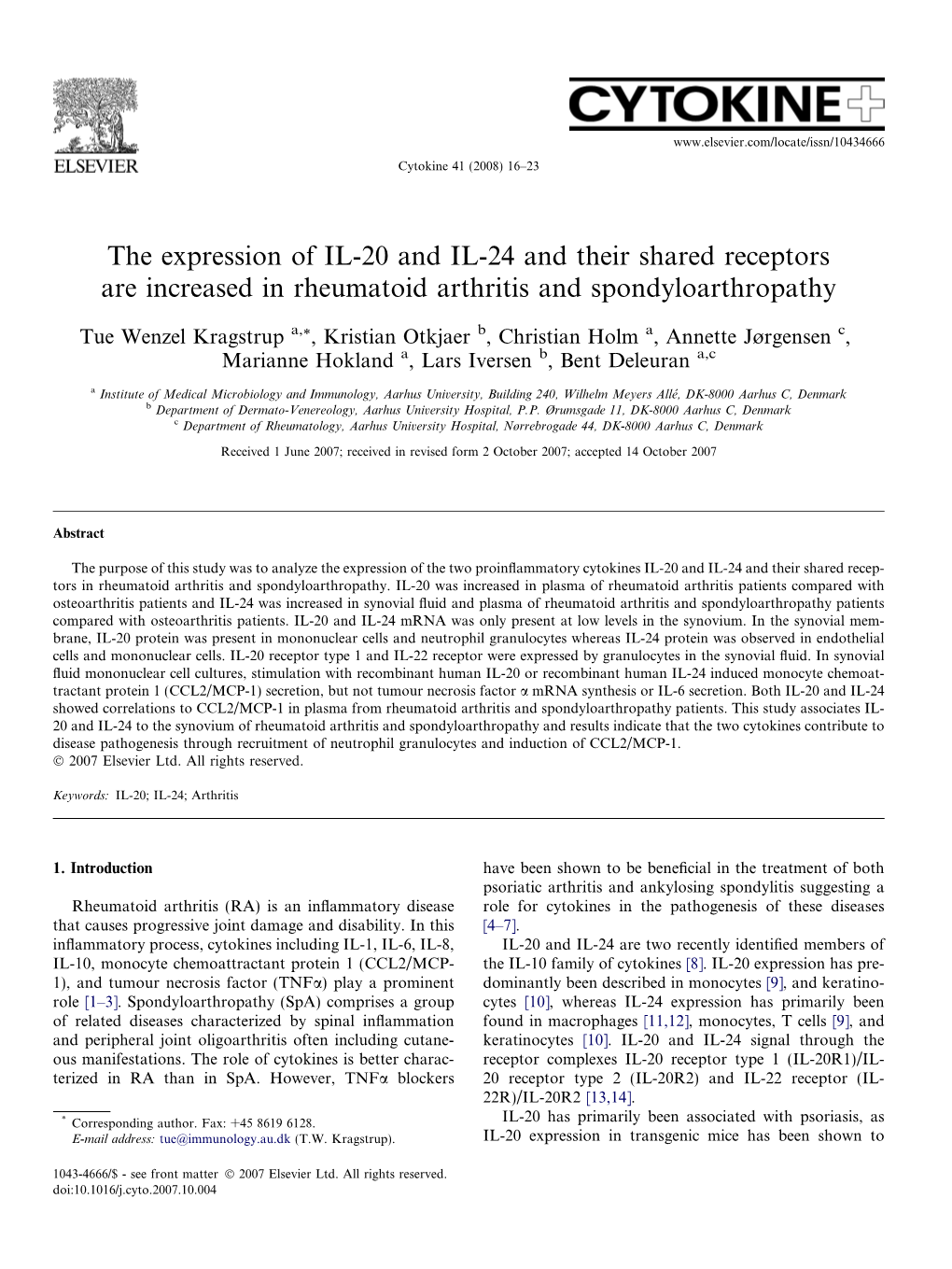 The Expression of IL-20 and IL-24 and Their Shared Receptors Are Increased in Rheumatoid Arthritis and Spondyloarthropathy