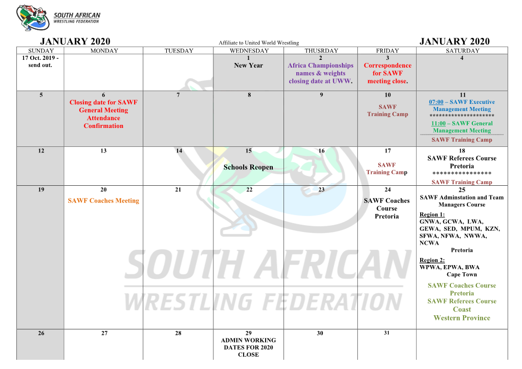 2020 Calendar – SAWF