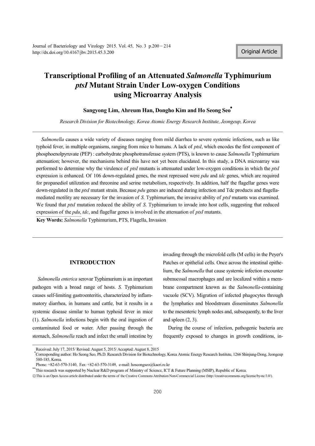 Transcriptional Profiling of an Attenuated Salmonella Typhimurium Ptsi Mutant Strain Under Low-Oxygen Conditions Using Microarray Analysis