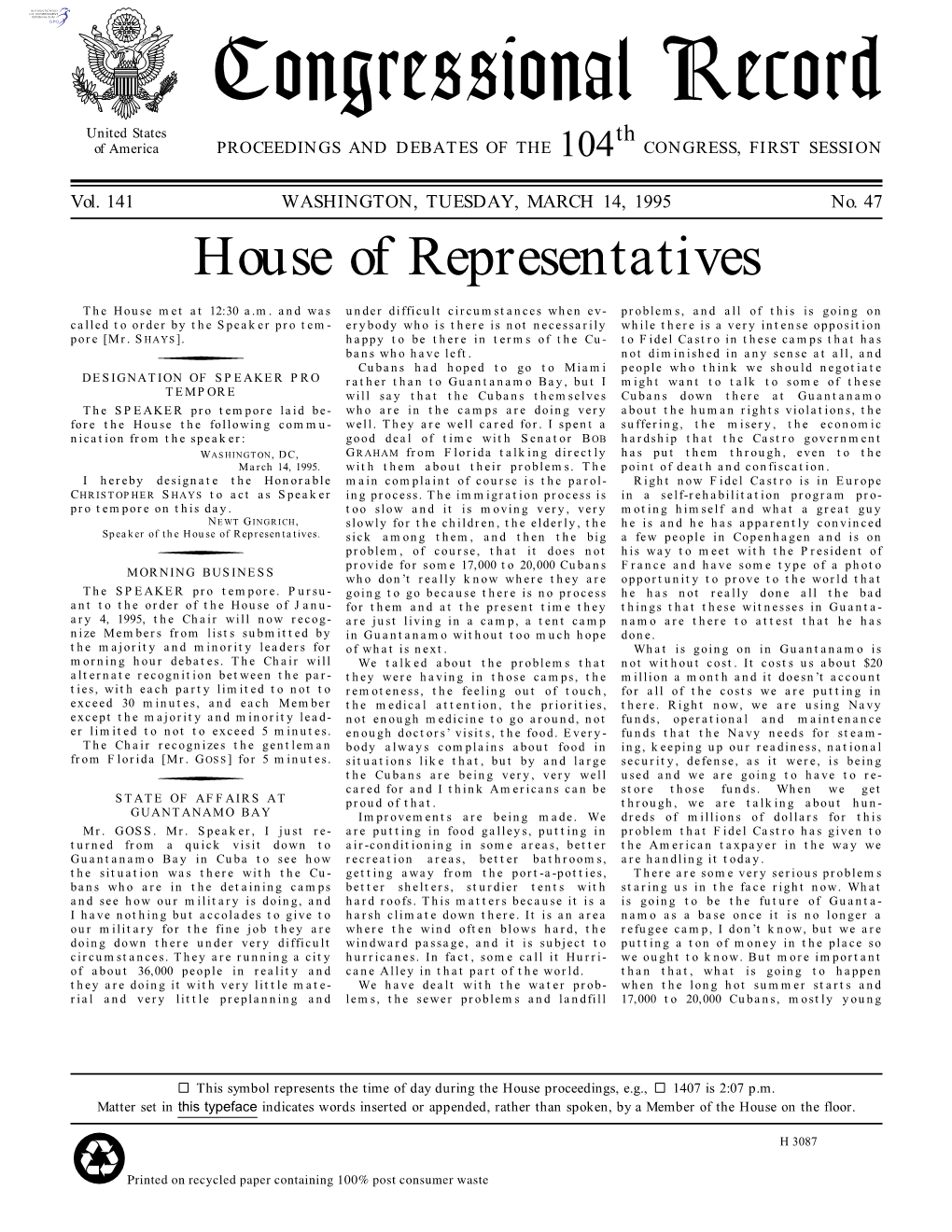 Congressional Record United States Th of America PROCEEDINGS and DEBATES of the 104 CONGRESS, FIRST SESSION