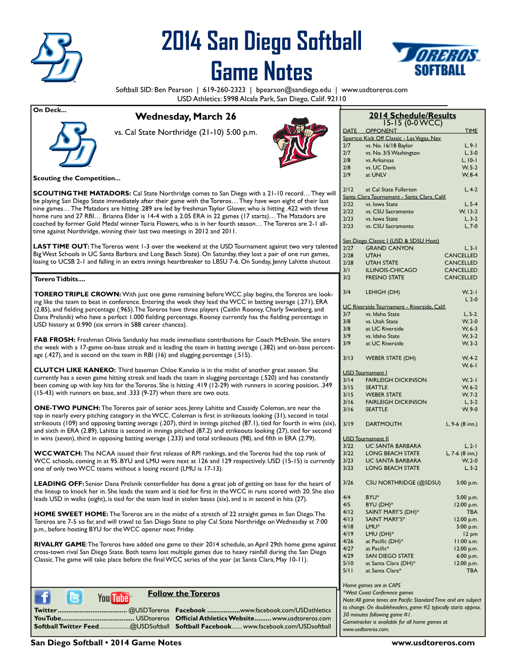2014 San Diego Softball Game Notes