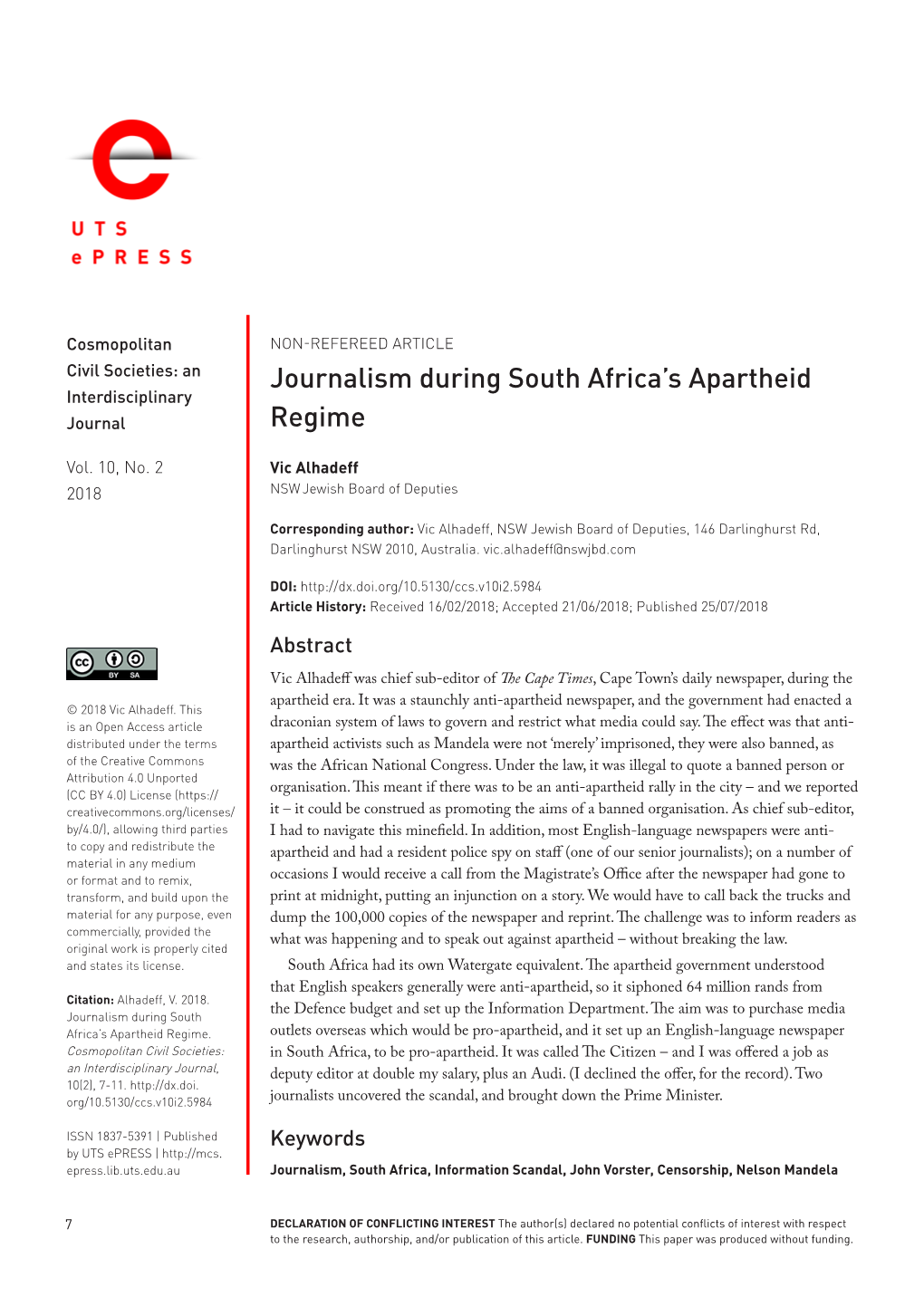 Journalism During South Africa's Apartheid Regime
