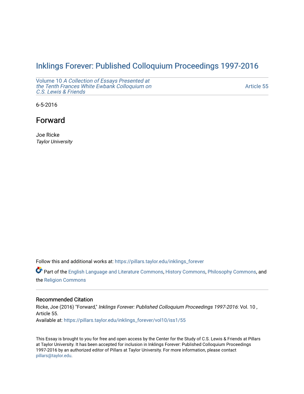 Inklings Forever: Published Colloquium Proceedings 1997-2016